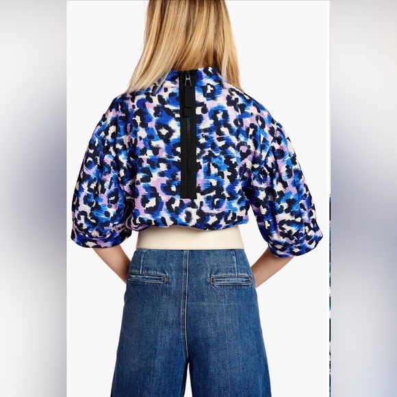 ESSENTIEL ANTWERP Blue Leopard Print Puff Sleeve Top - Picture 2 of 16